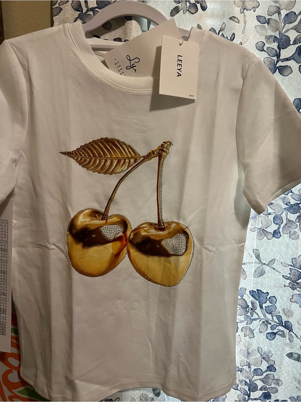 White Cherry Graphic Rhinestone Embellished Short Sleeve T-Shirt